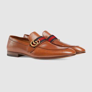 GUCCI Donnie Web Double GG Logo Cognac Leather Loafers Dress Shoes \ 9.5 (10 US)
